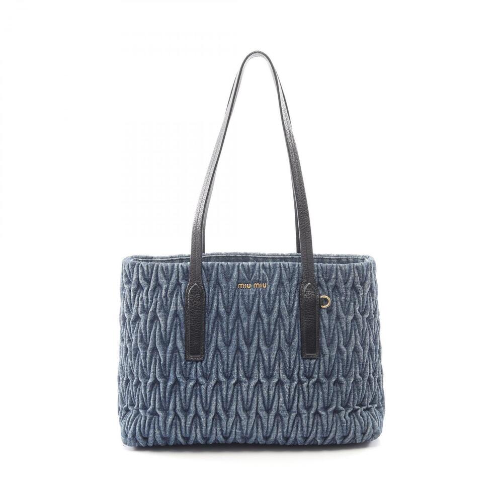 Miu Miu Matelasse Tote Bag Denim Leather Navy Blue Black